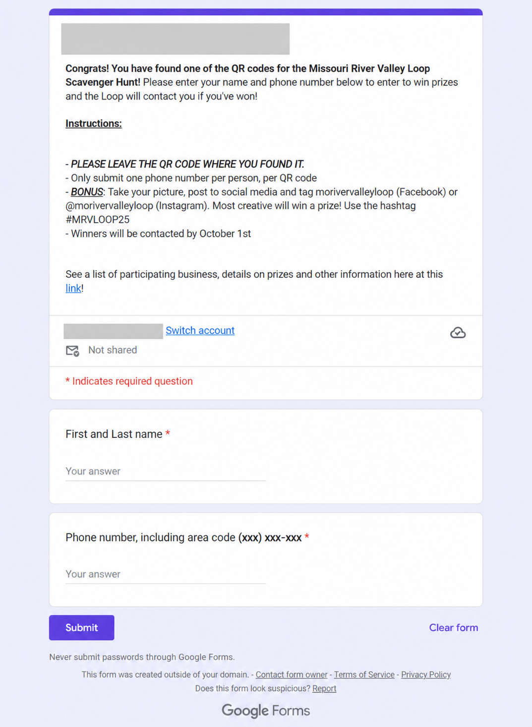 The 2025 Scavenger Hunt Google Form, showing two required fields, first and last name and phone number, above a Submit button.
